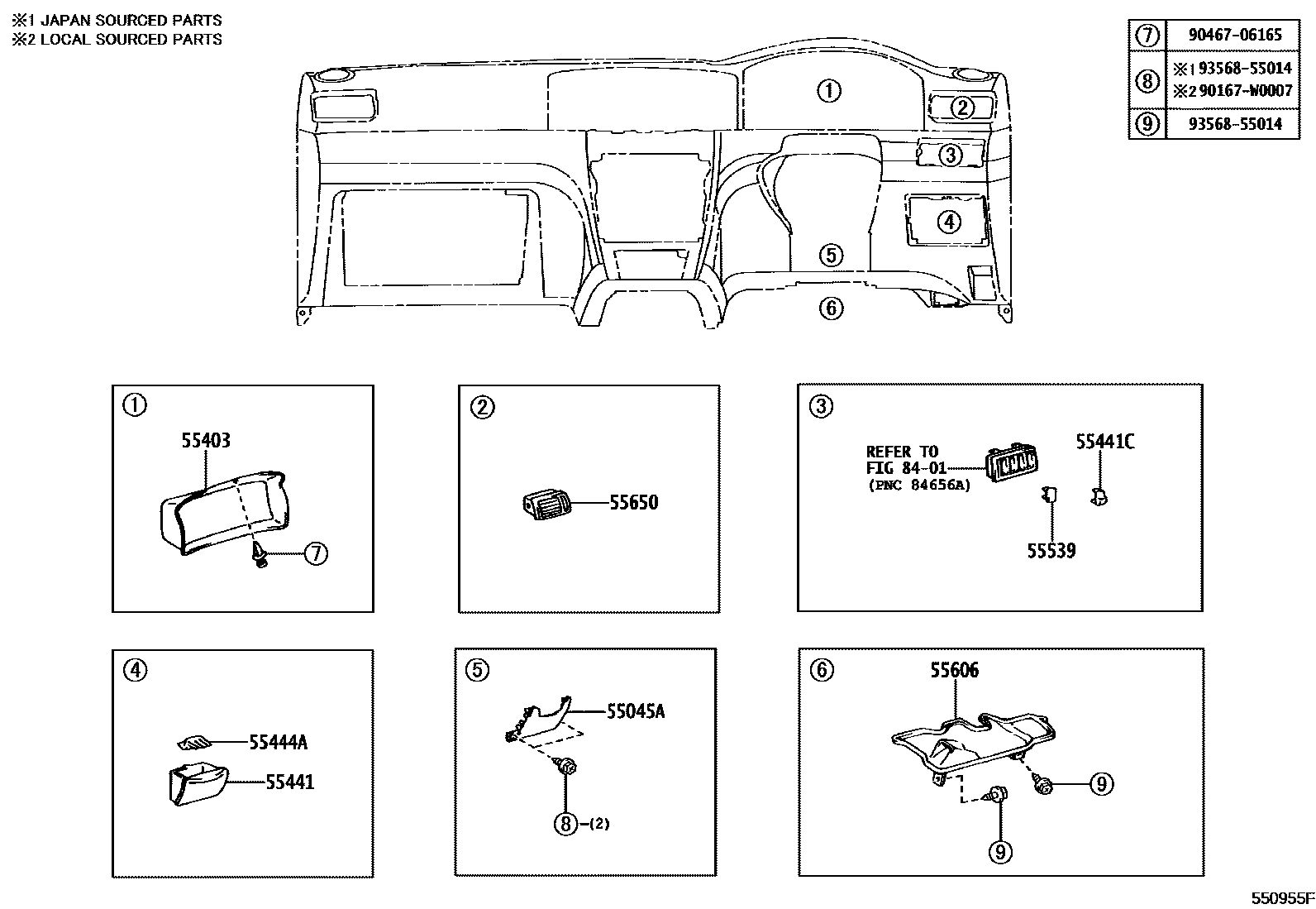 Toyota COROLLA 仪表板和手套箱 EPC diagram — 550955F