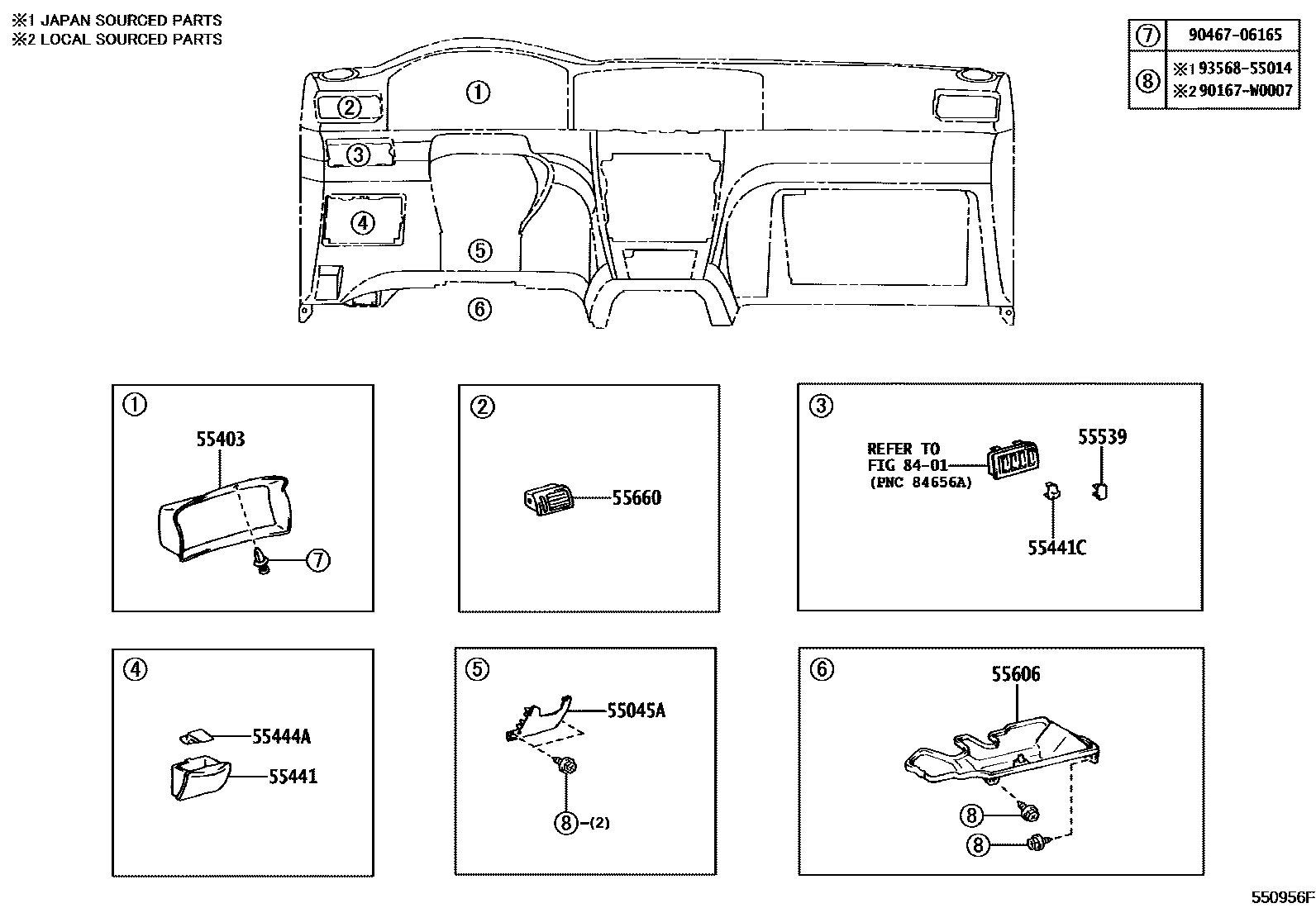 Toyota COROLLA 仪表板和手套箱 EPC diagram — 550956F