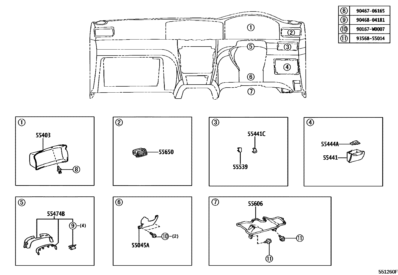 Toyota COROLLA 仪表板和手套箱 EPC diagram — 551260F