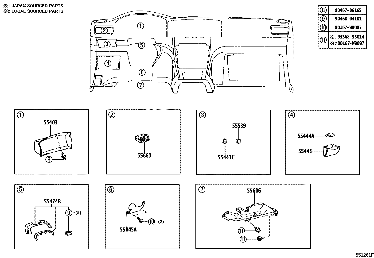 Toyota COROLLA 仪表板和手套箱 EPC diagram — 551261F