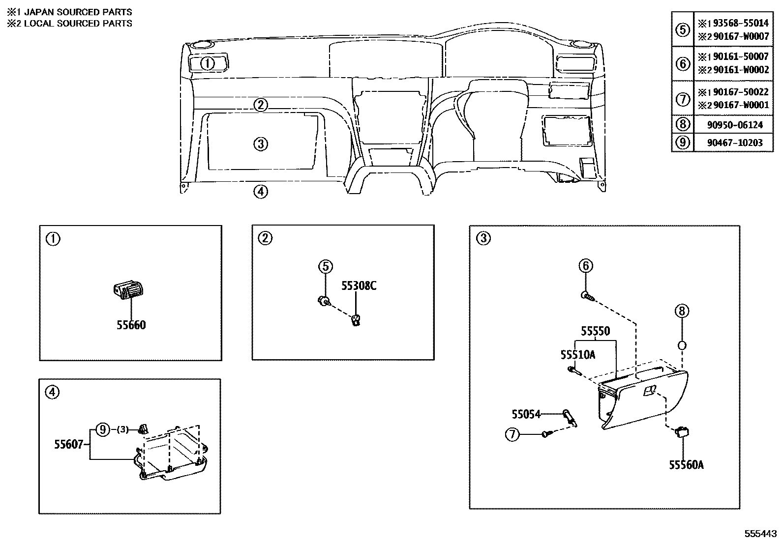 Toyota COROLLA 仪表板和手套箱 EPC diagram — 555443
