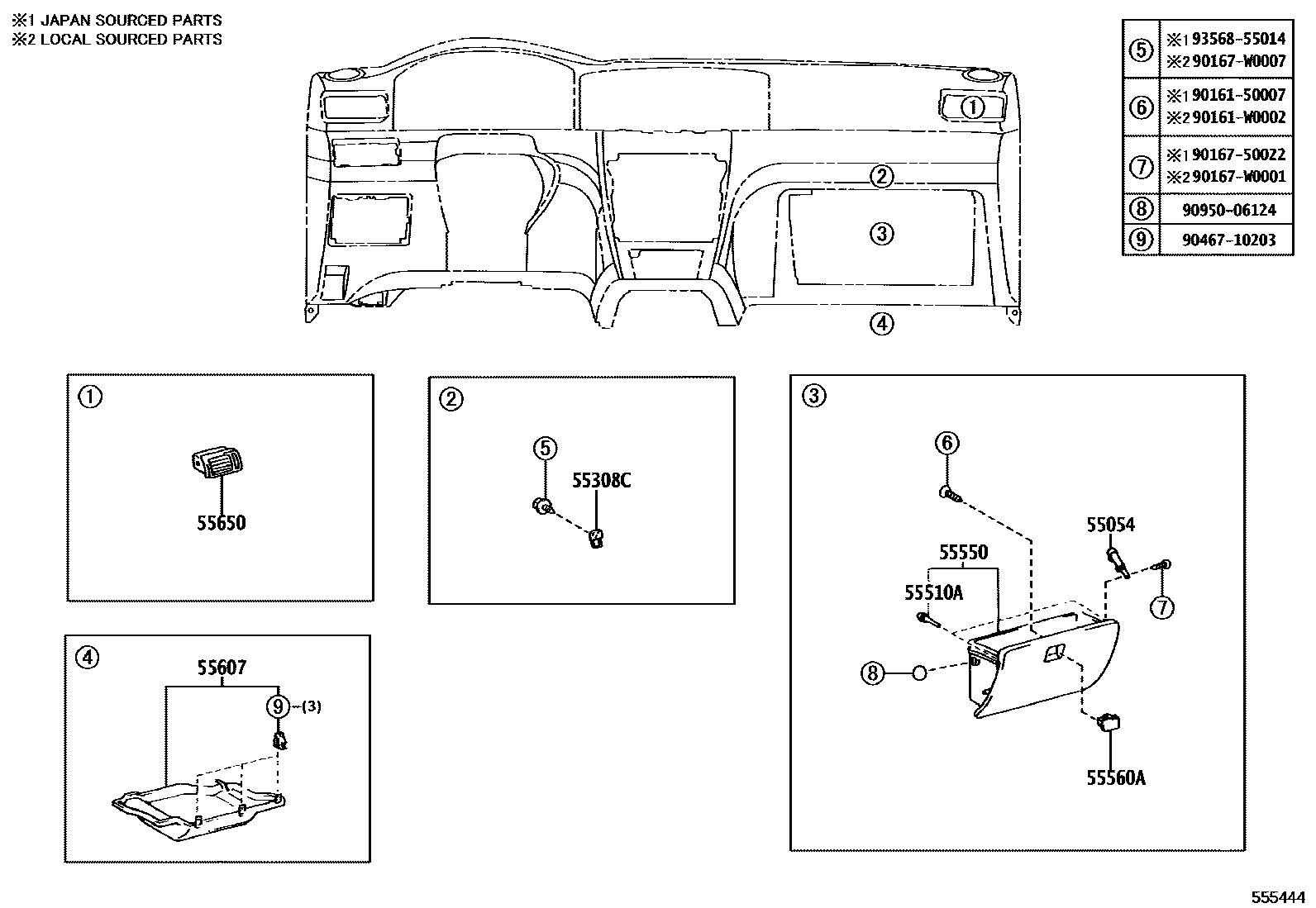 Toyota COROLLA 仪表板和手套箱 EPC diagram — 555444