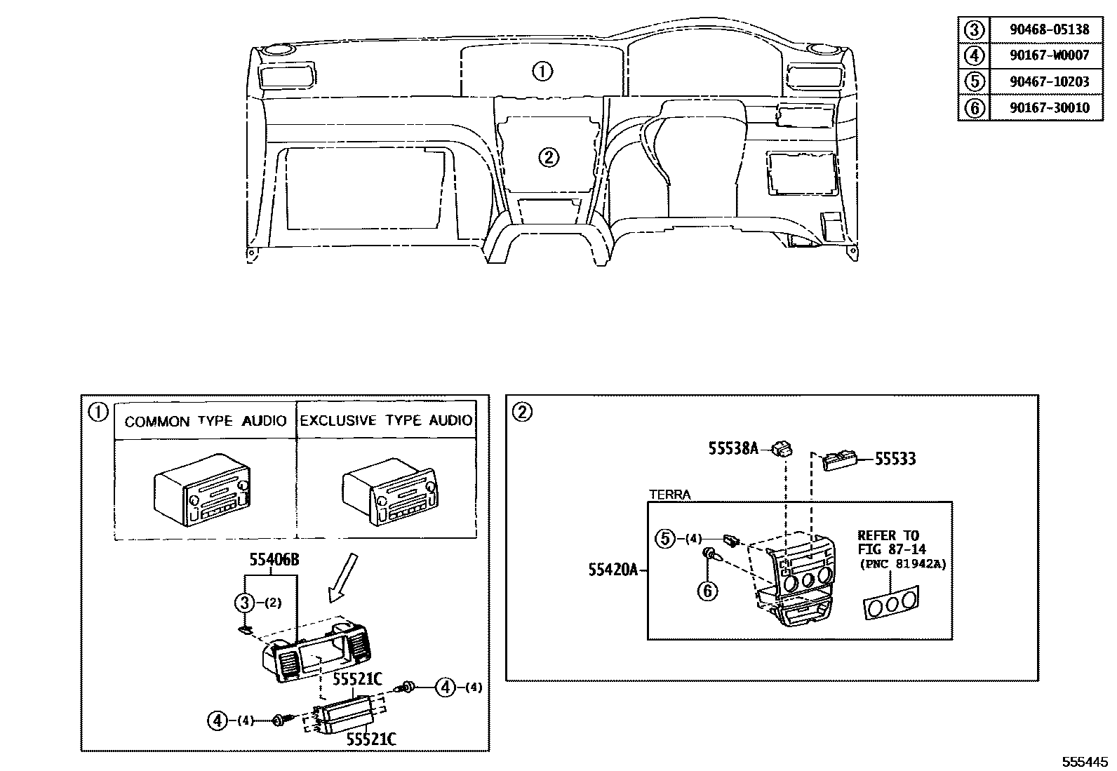 Toyota COROLLA 仪表板和手套箱 EPC diagram — 555445