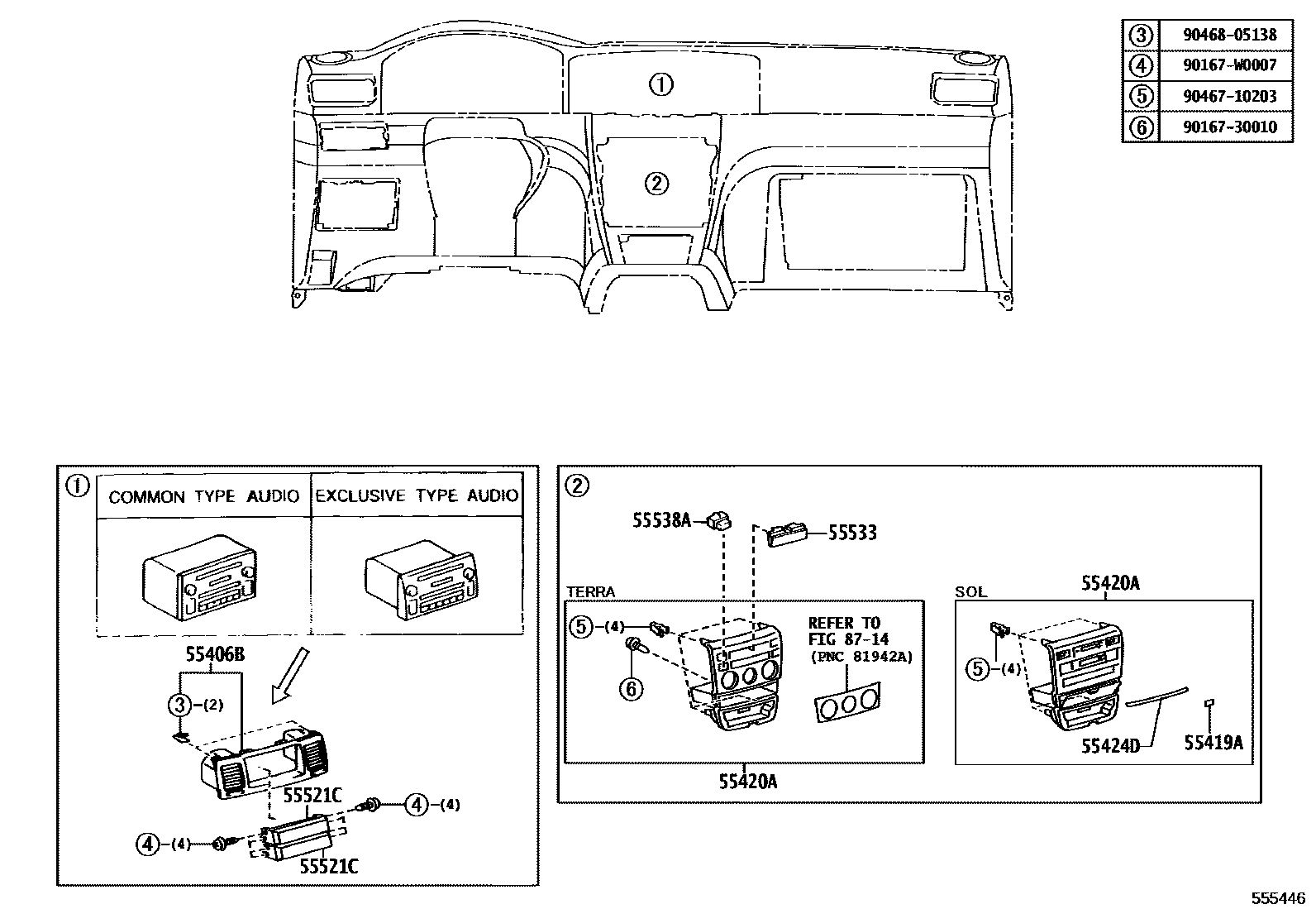 Toyota COROLLA 仪表板和手套箱 EPC diagram — 555446