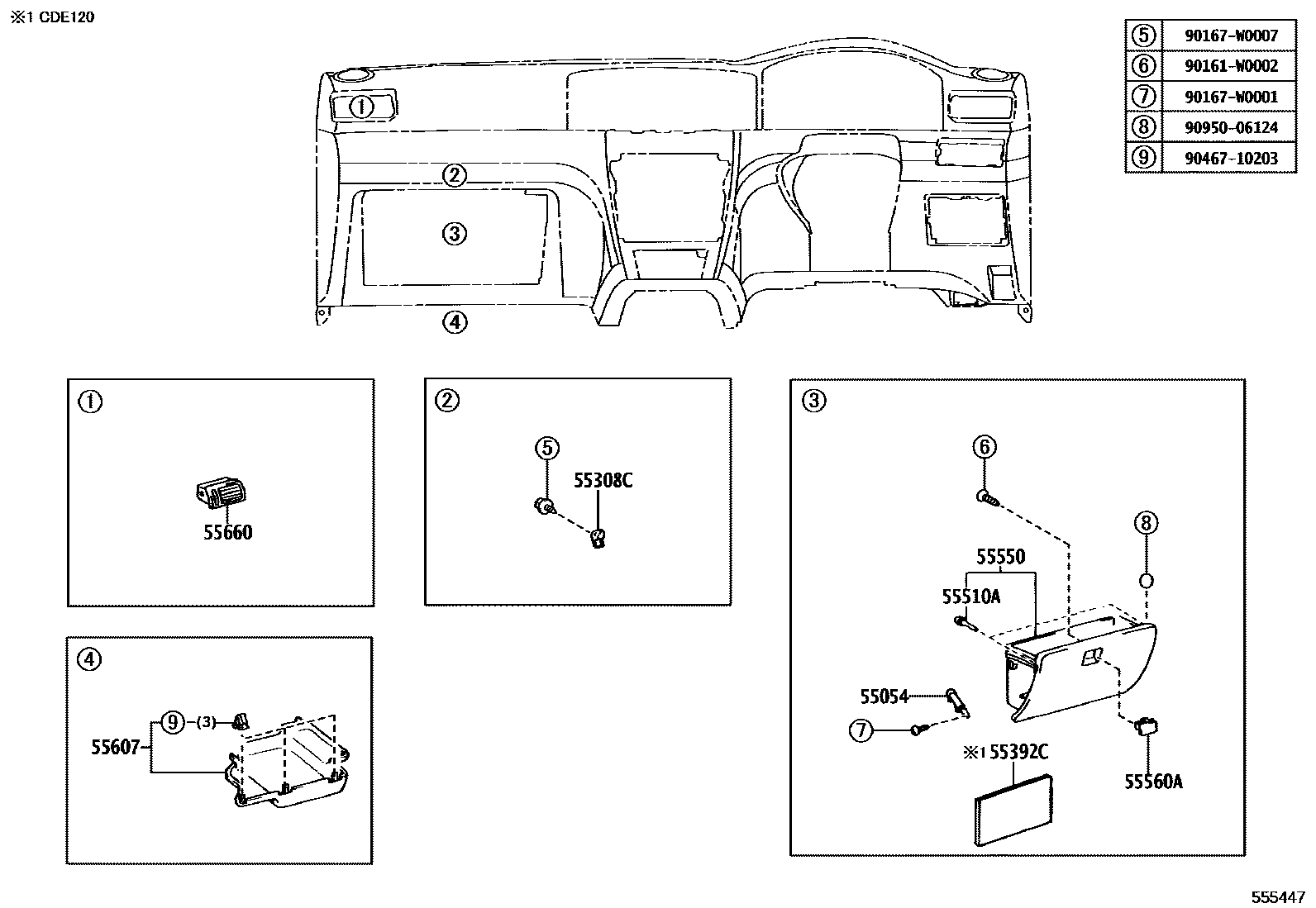 Toyota COROLLA 仪表板和手套箱 EPC diagram — 555447
