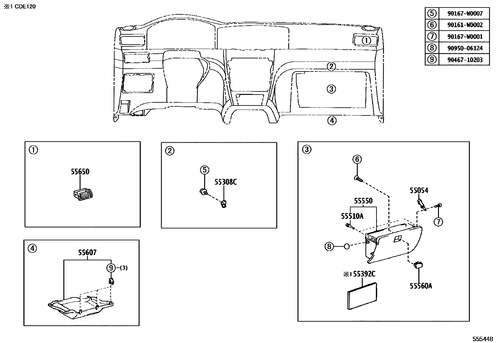 Toyota COROLLA 仪表板和手套箱 EPC diagram — 555448