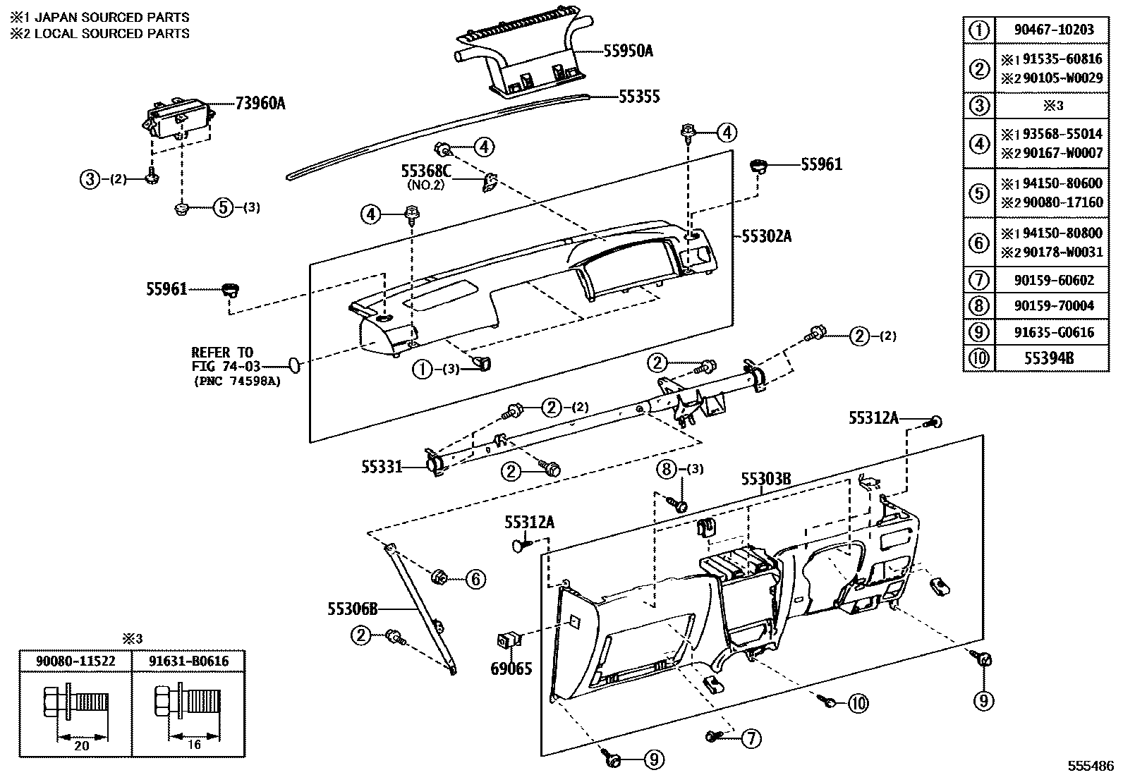 Toyota COROLLA 仪表板和手套箱 EPC diagram — 555486