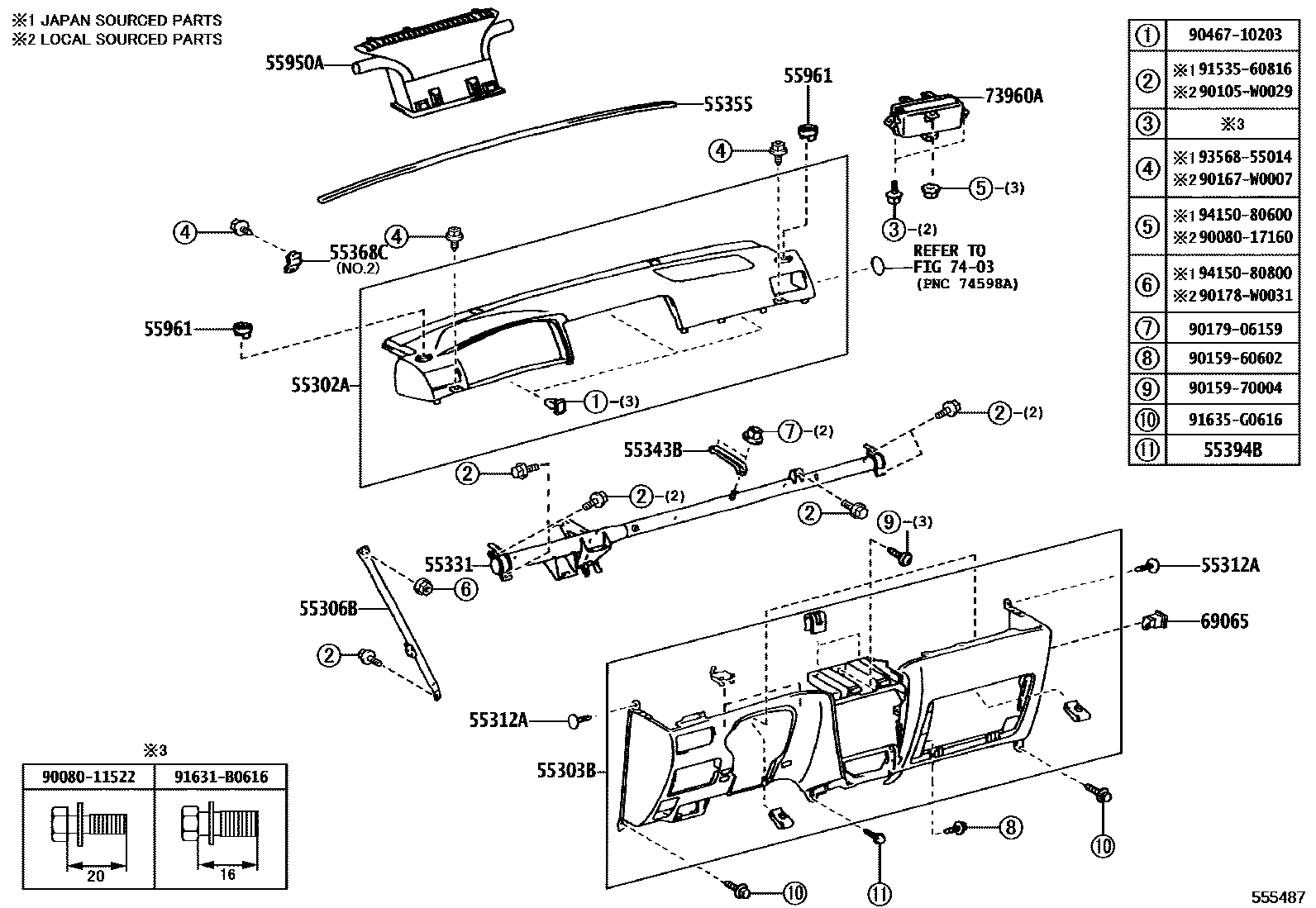 Toyota COROLLA 仪表板和手套箱 EPC diagram — 555487