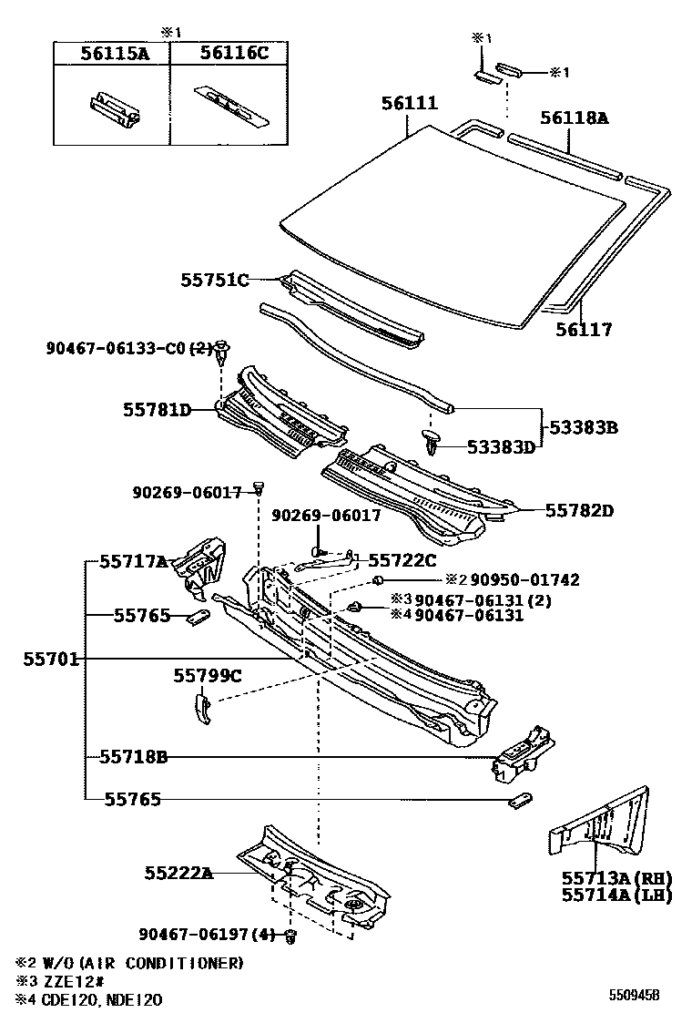 Toyota COROLLA 前围板和挡风玻璃 EPC diagram — 550945B