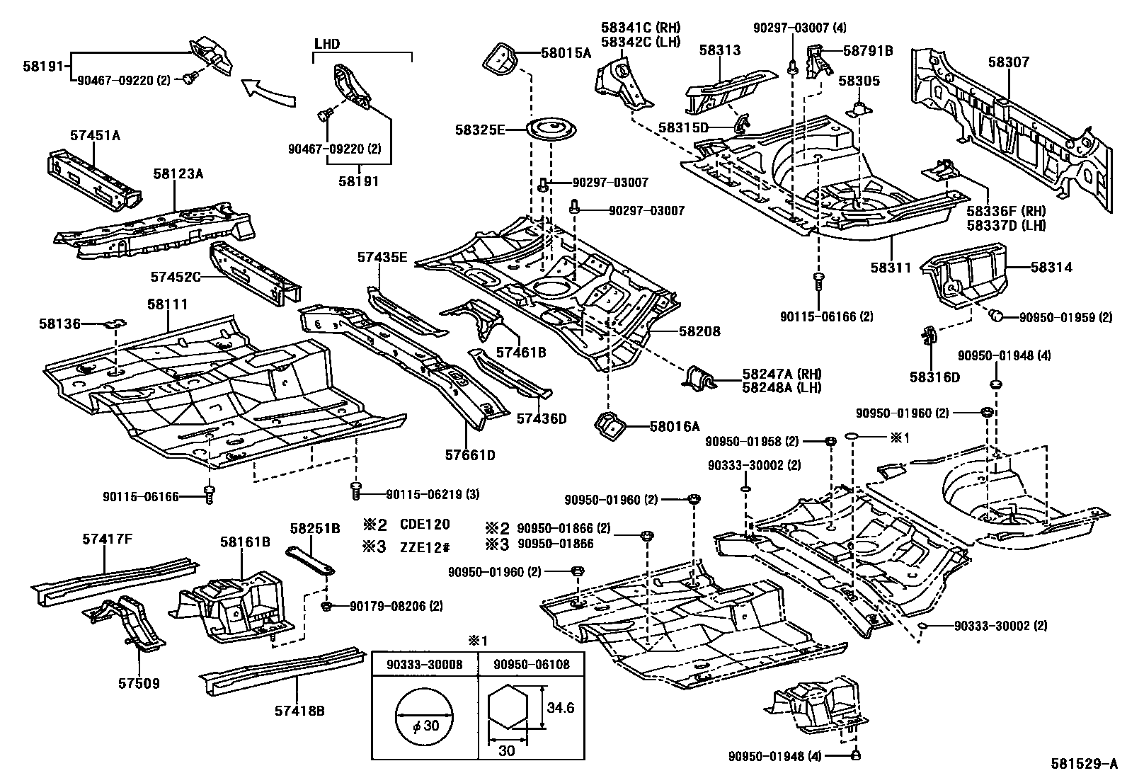 Toyota COROLLA 浅盘形地板和车身下背板 EPC diagram — 581529A