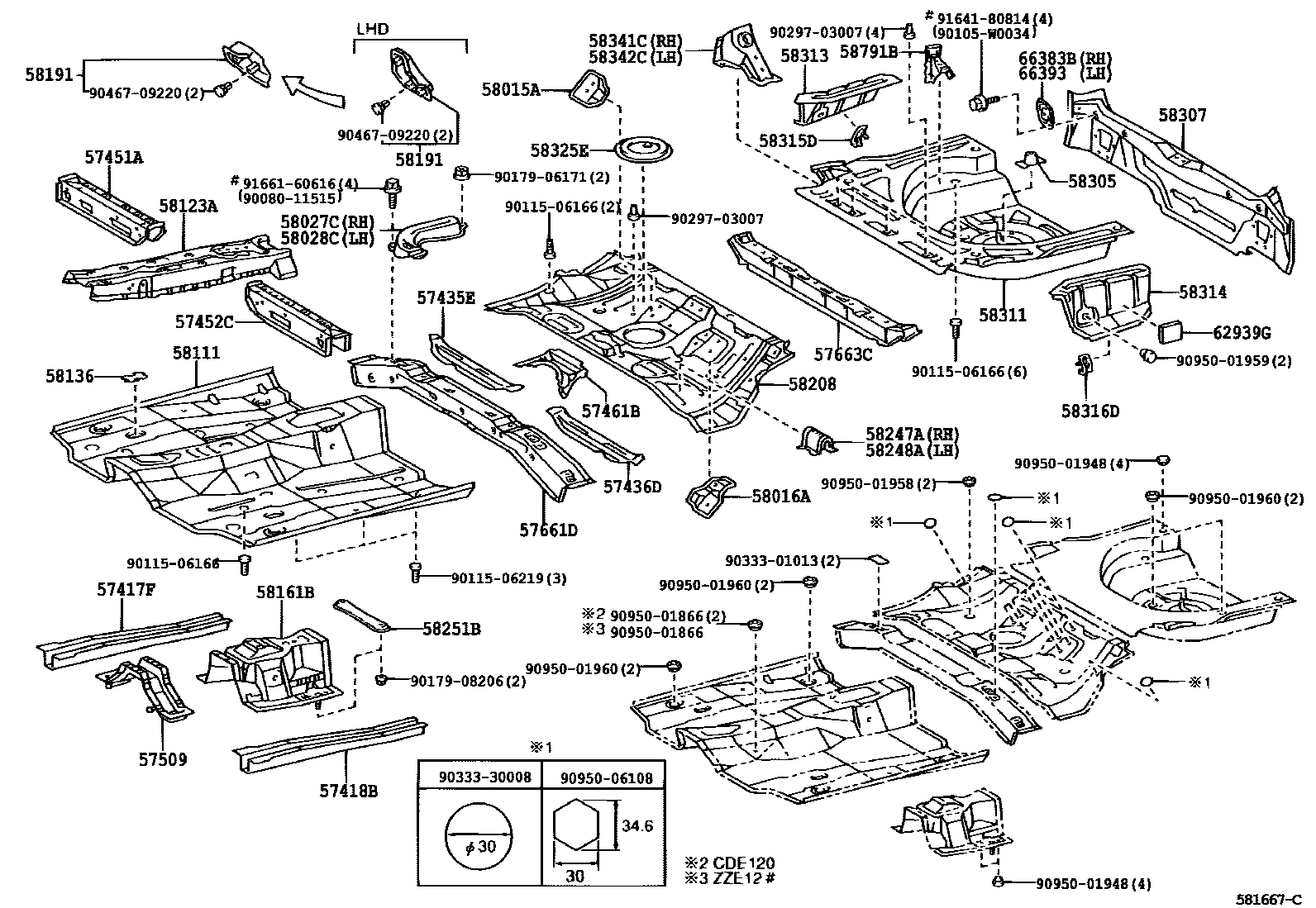 Toyota COROLLA 浅盘形地板和车身下背板 EPC diagram — 581667C
