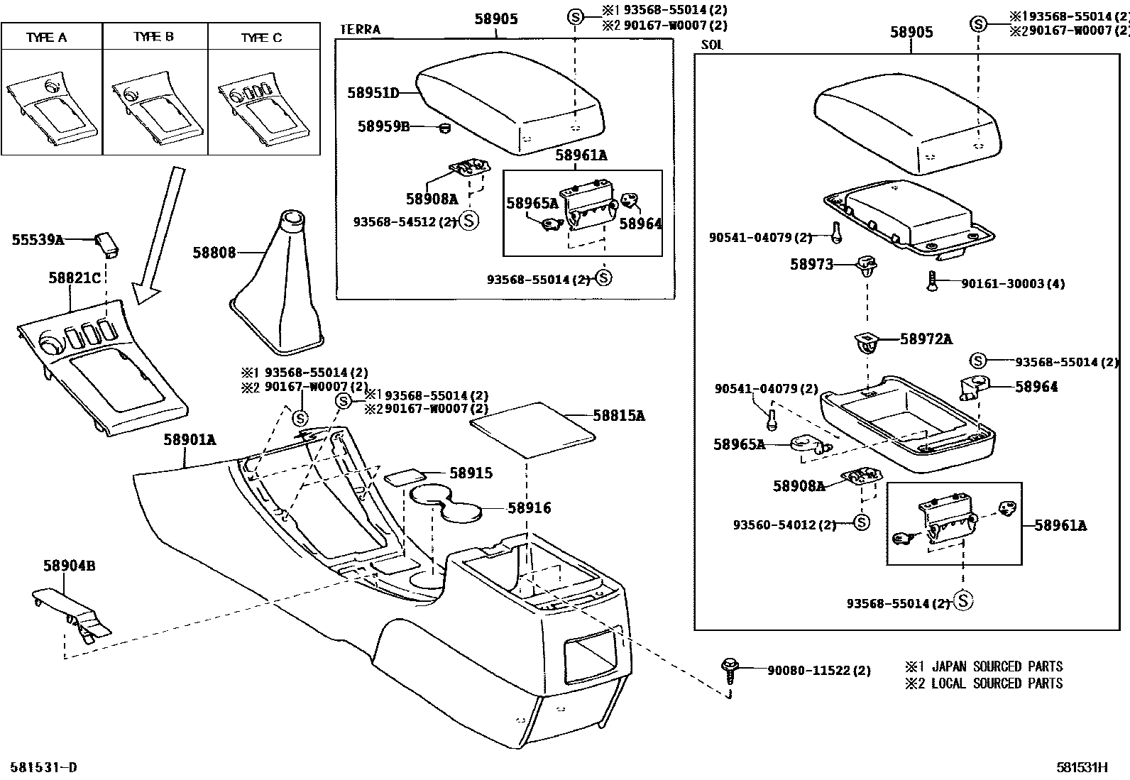 Toyota COROLLA 中央扶手箱和支架 EPC diagram — 581531H