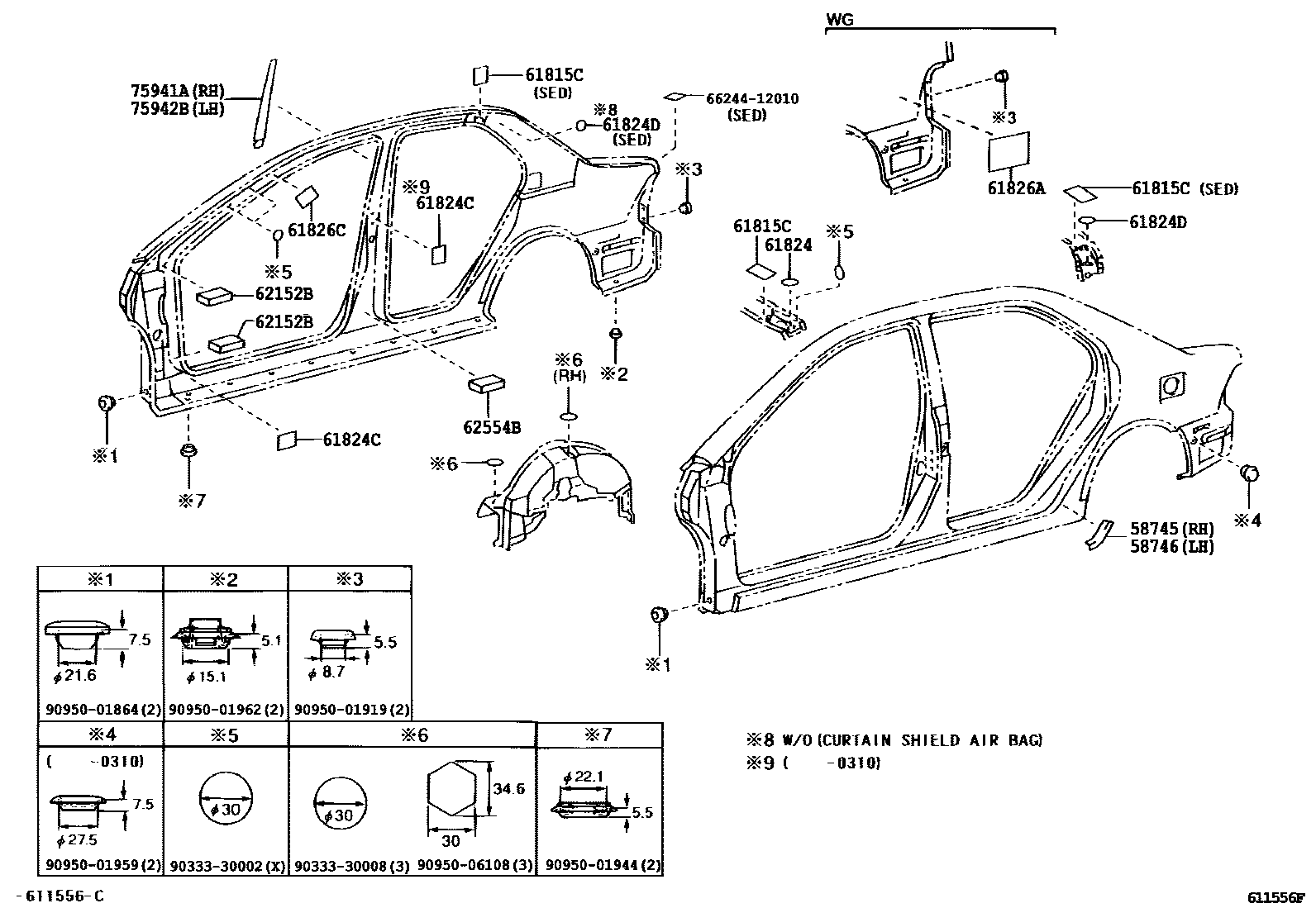 Toyota COROLLA 侧梁 EPC diagram — 611556F