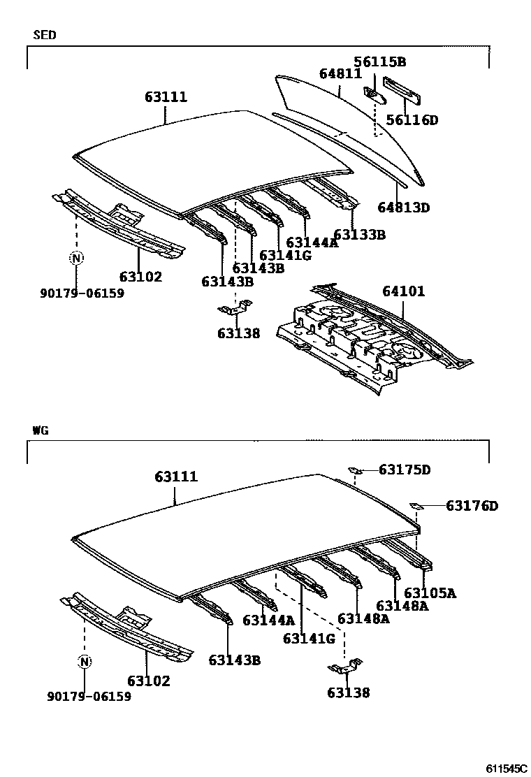 Toyota COROLLA 天窗板和背窗玻璃 EPC diagram — 611545C