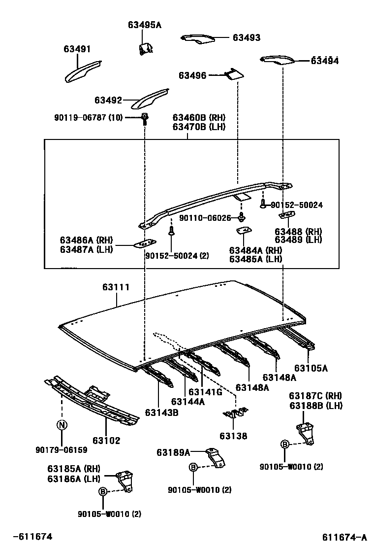 Toyota COROLLA 天窗板和背窗玻璃 EPC diagram — 611674A