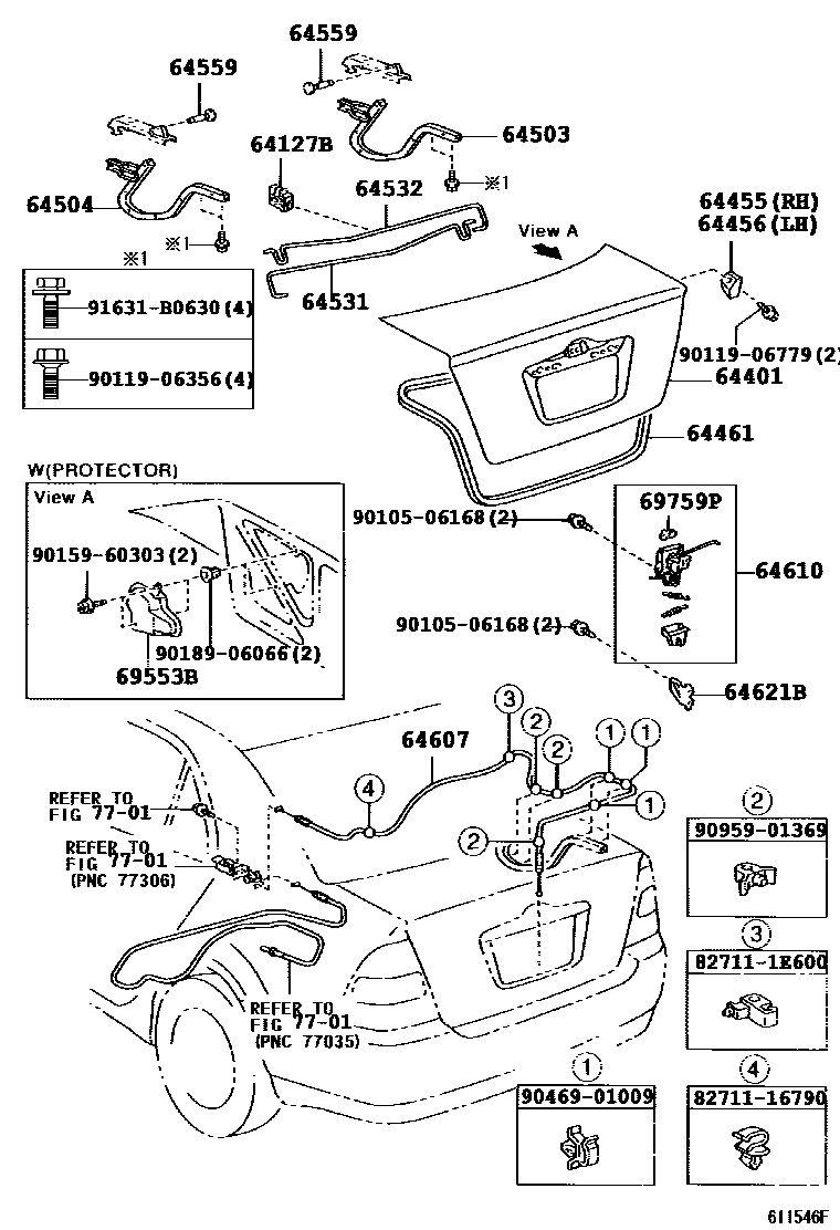 Toyota COROLLA 行李箱门和行李箱锁 EPC diagram — 611546F