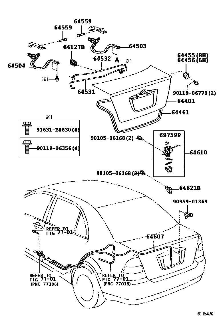 Toyota COROLLA 行李箱门和行李箱锁 EPC diagram — 611547C
