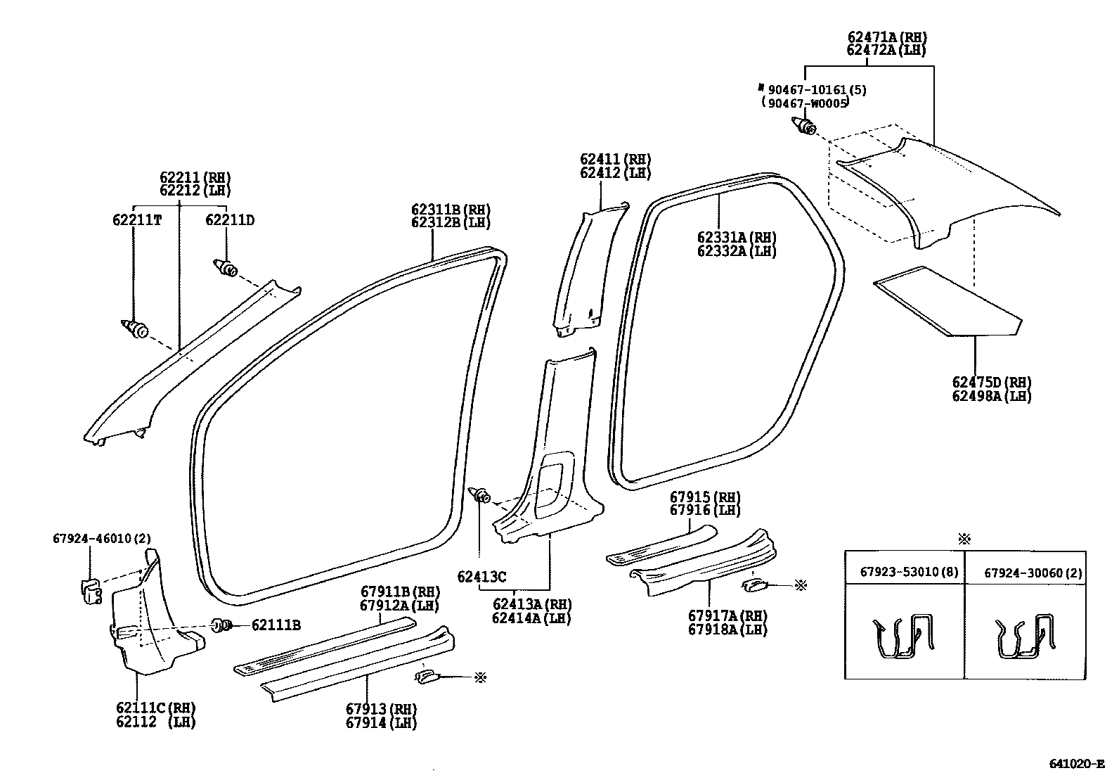 Toyota COROLLA 内饰板和车门防水胶条 EPC diagram — 641020E