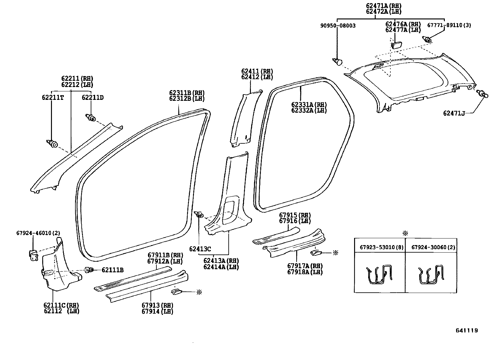 Toyota COROLLA 内饰板和车门防水胶条 EPC diagram — 641119