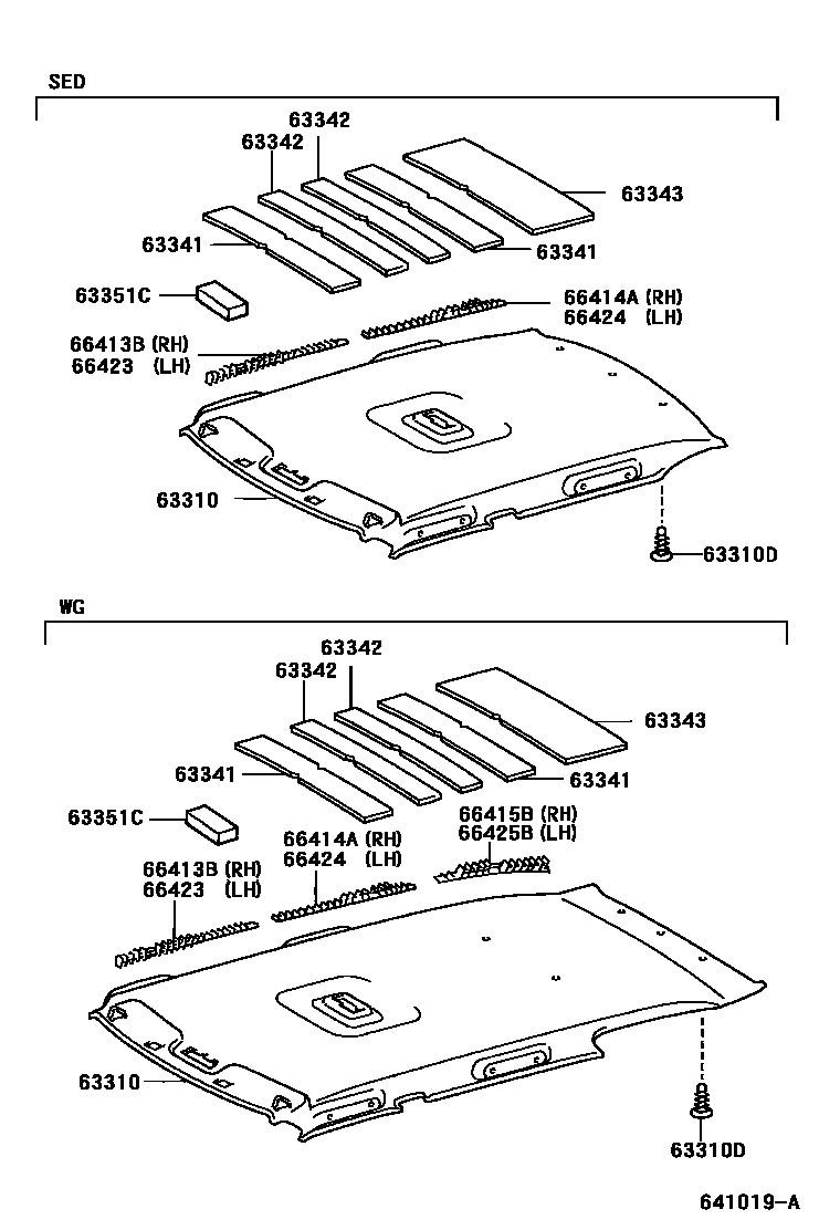 Toyota COROLLA 车顶内衬和消声垫 EPC diagram — 641019A