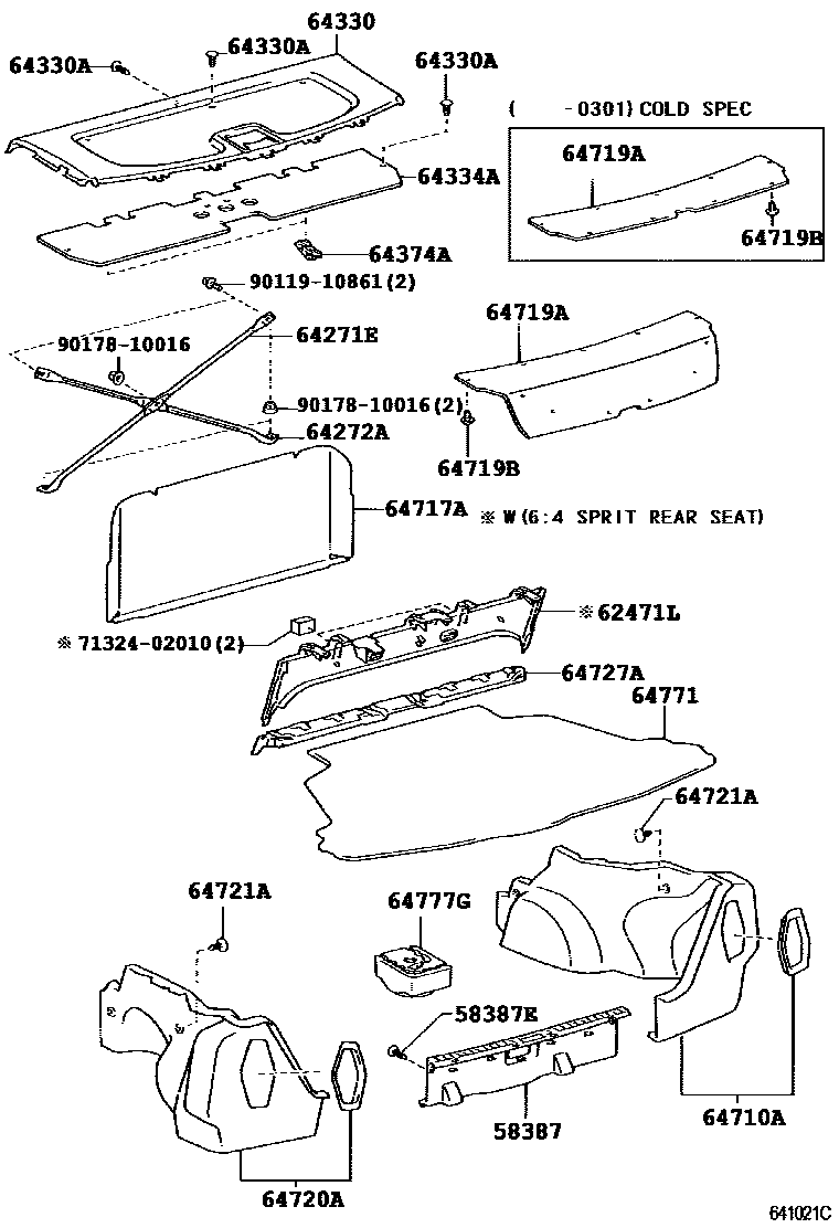 Toyota COROLLA 杂物箱板和行李箱垫 EPC diagram — 641021C