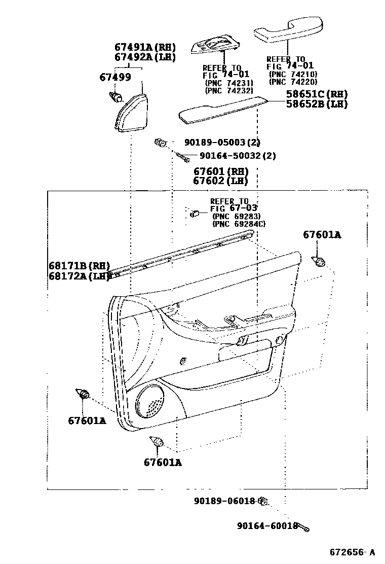 Toyota COROLLA 前门板和前门玻璃 EPC diagram — 672656B