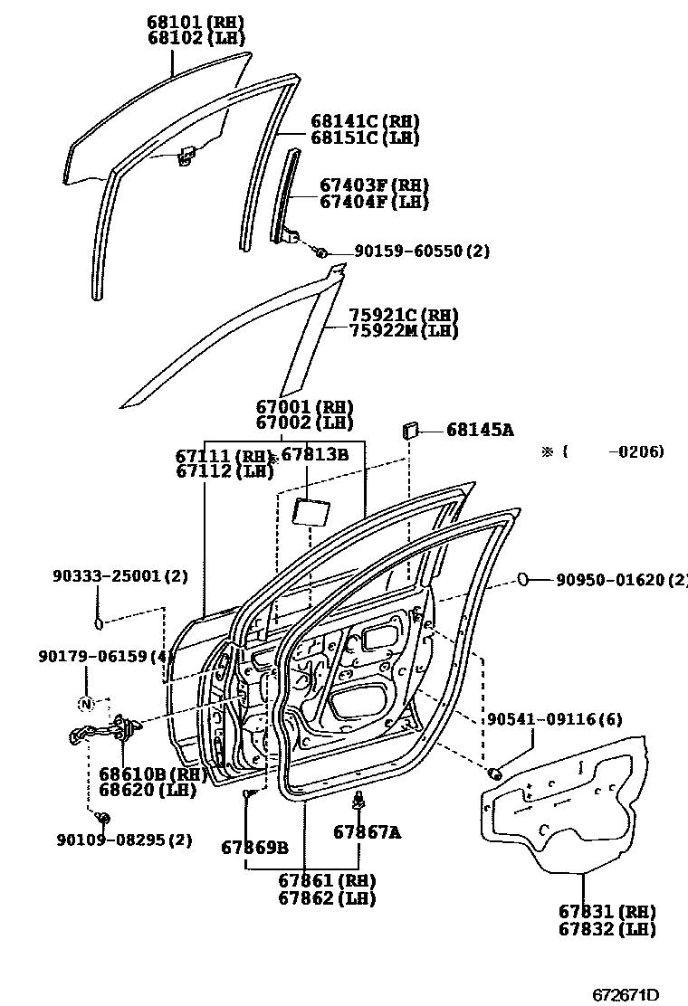 Toyota COROLLA 前门板和前门玻璃 EPC diagram — 672671D