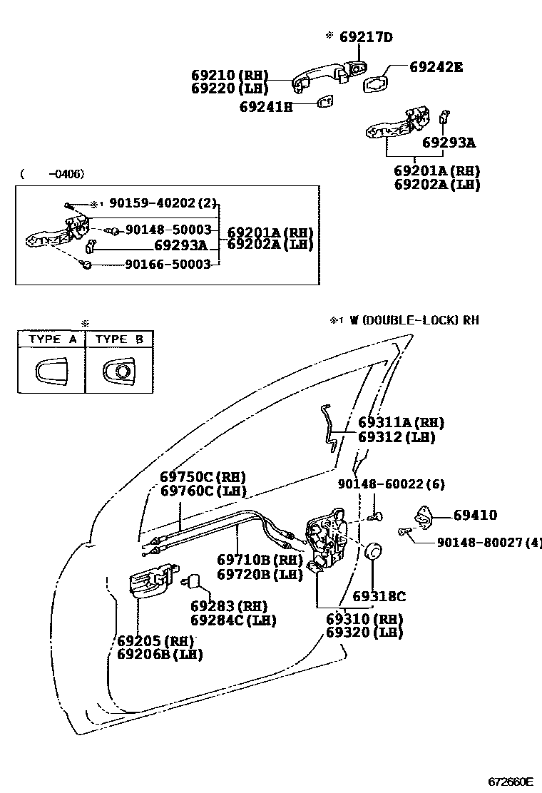 Toyota COROLLA 前门锁和车门把手 EPC diagram — 672660E