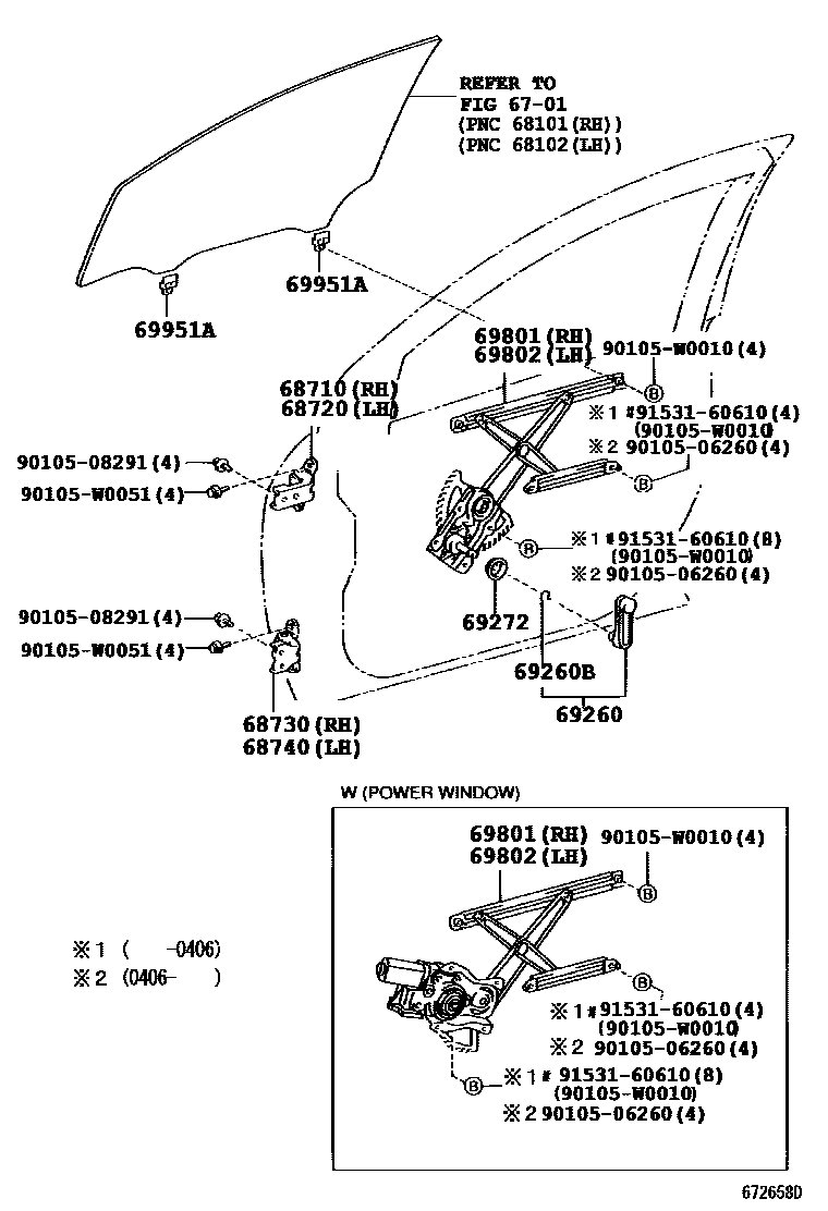 Toyota COROLLA 前门车窗升降器和合页 EPC diagram — 672658D