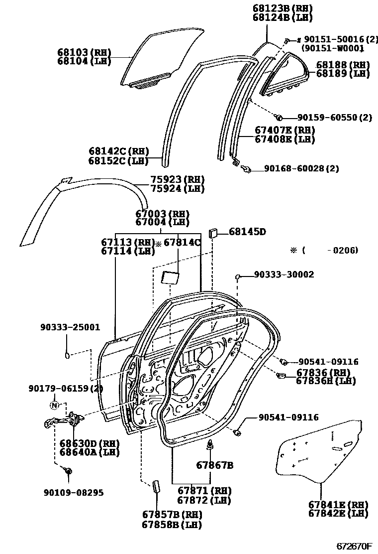 Toyota COROLLA 后门板和后门玻璃 EPC diagram — 672670F