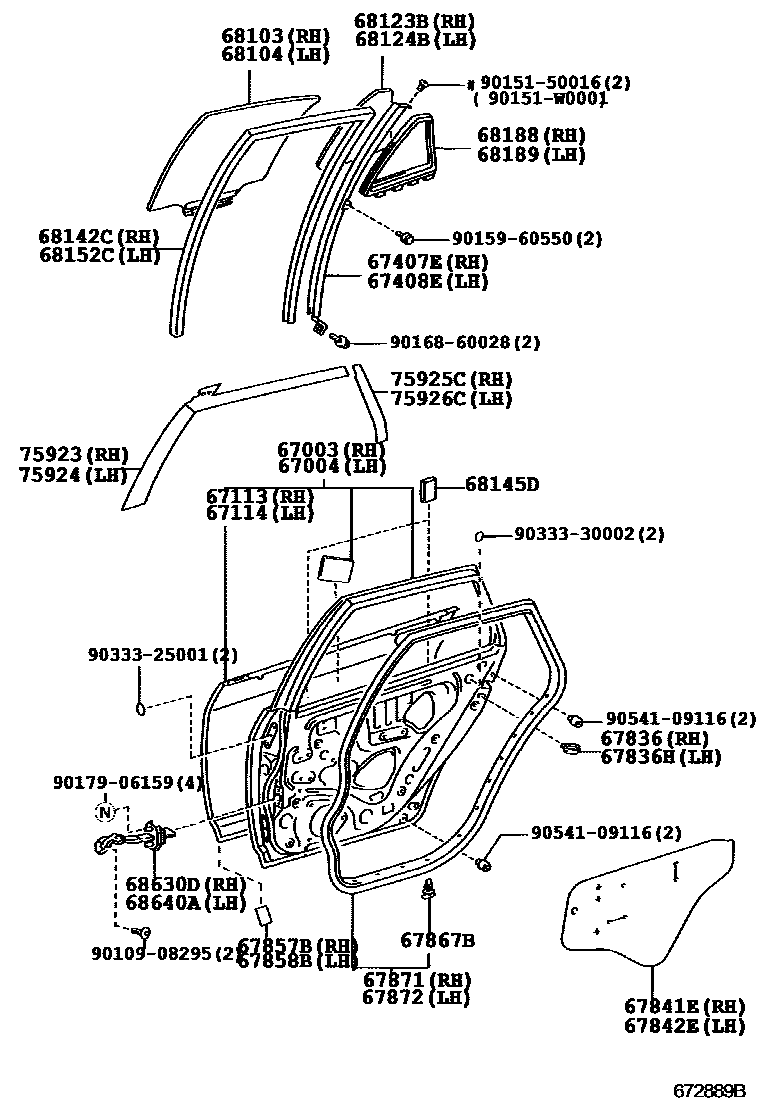 Toyota COROLLA 后门板和后门玻璃 EPC diagram — 672889B