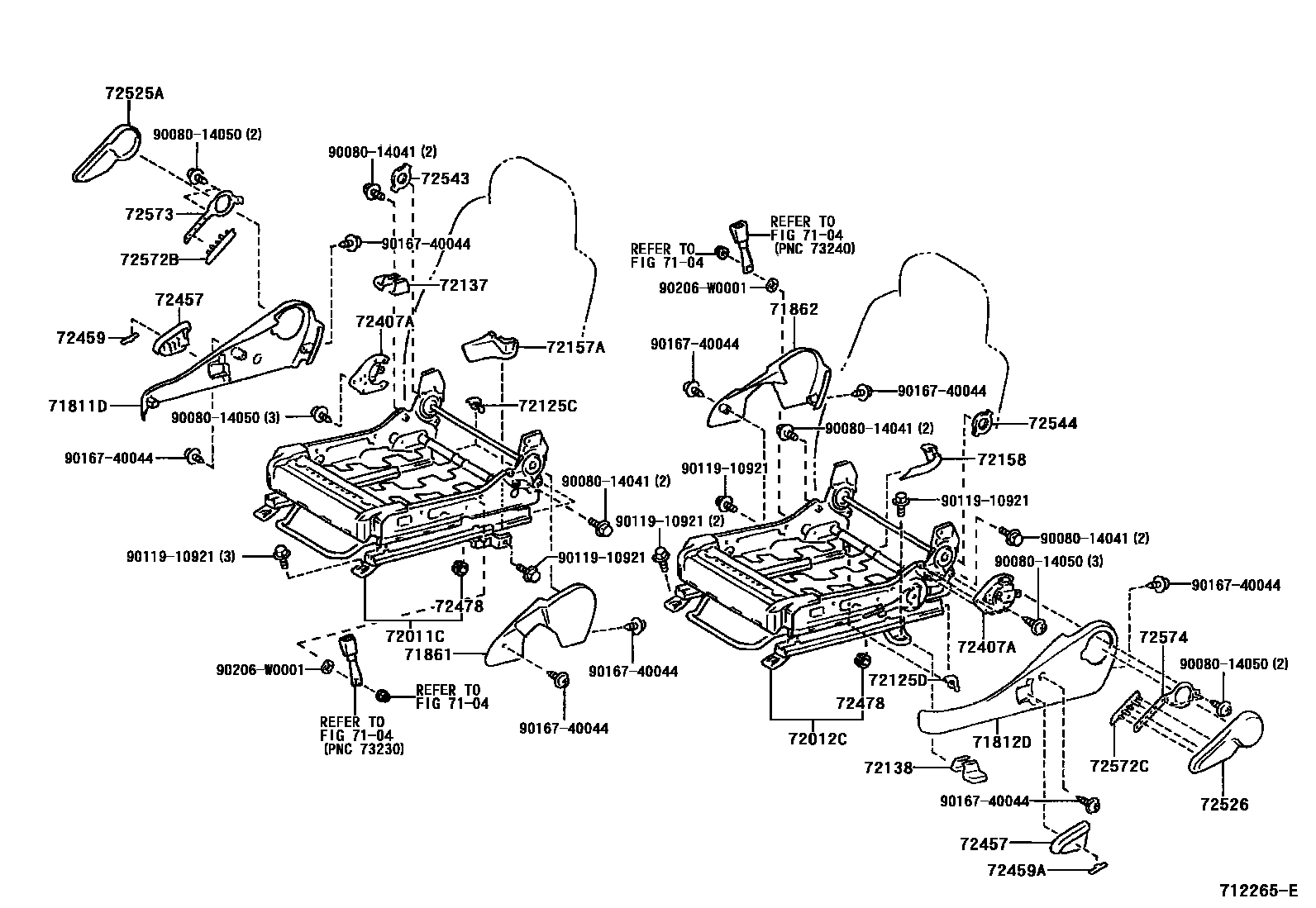 Toyota COROLLA 前排座椅和座椅滑轨 EPC diagram — 712265E
