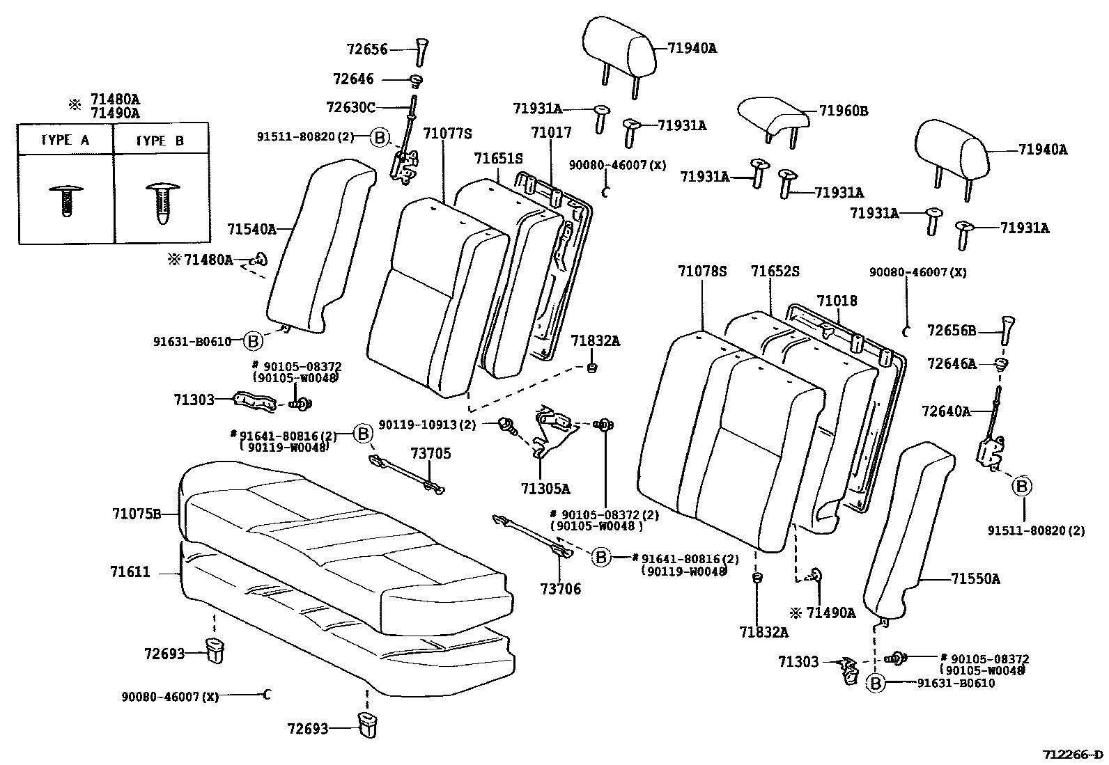 Toyota COROLLA 后排座椅和座椅滑轨 EPC diagram — 712266D
