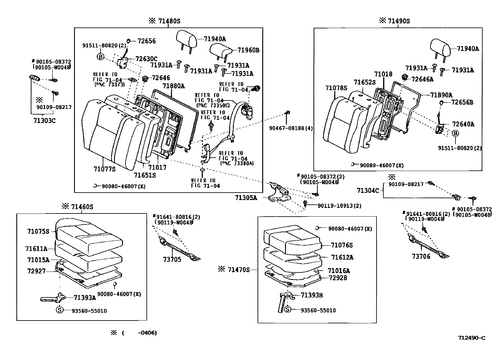 Toyota COROLLA 后排座椅和座椅滑轨 EPC diagram — 712490C