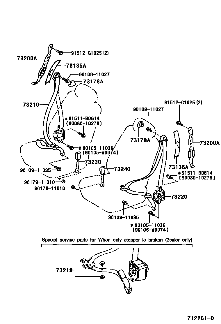 Toyota COROLLA 安全带和儿童保护座椅 EPC diagram — 712261D