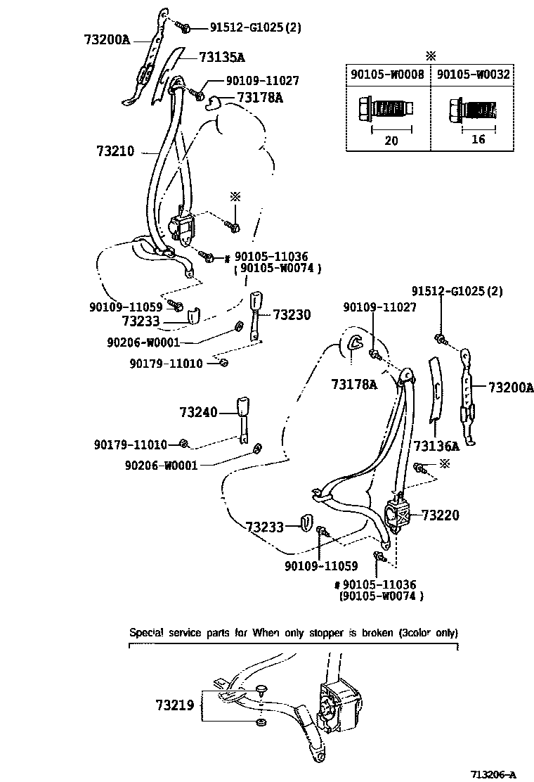Toyota COROLLA 安全带和儿童保护座椅 EPC diagram — 713206A