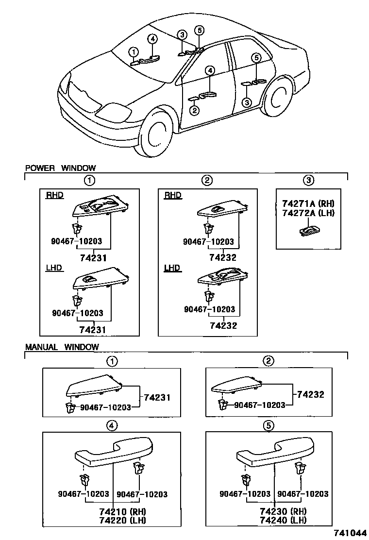 Toyota COROLLA 扶手和遮阳板 EPC diagram — 741044