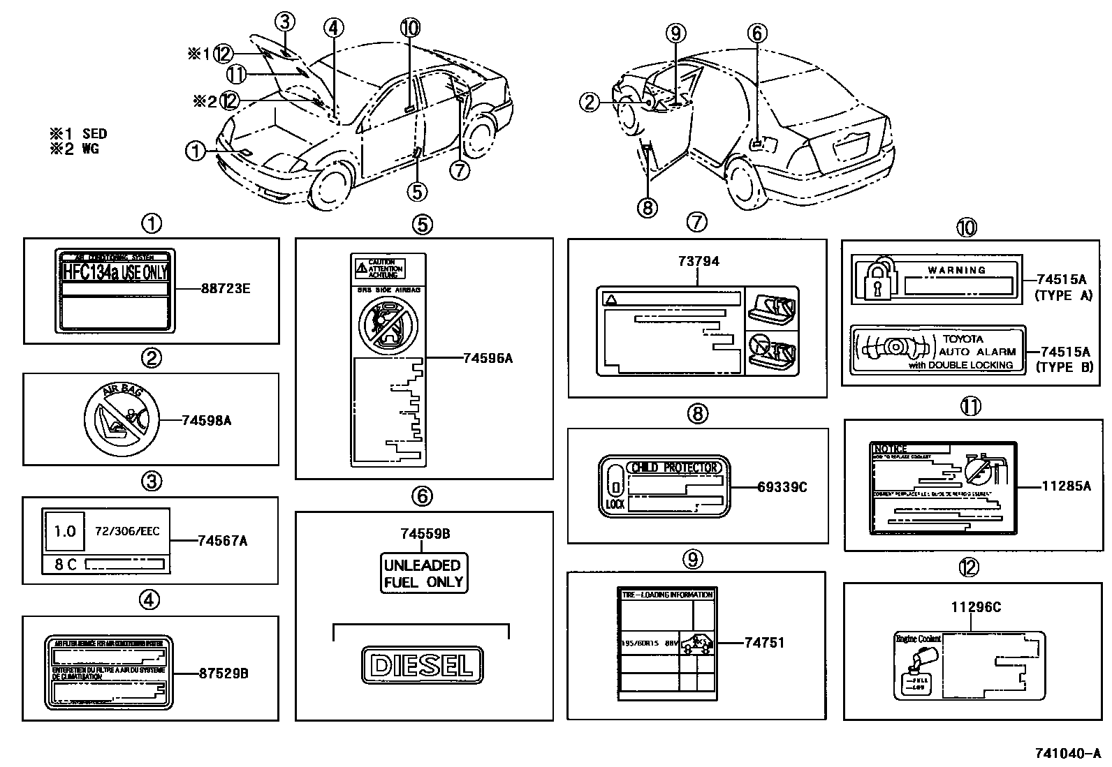 Toyota COROLLA 警示铭牌(车外和车内) EPC diagram — 741040A