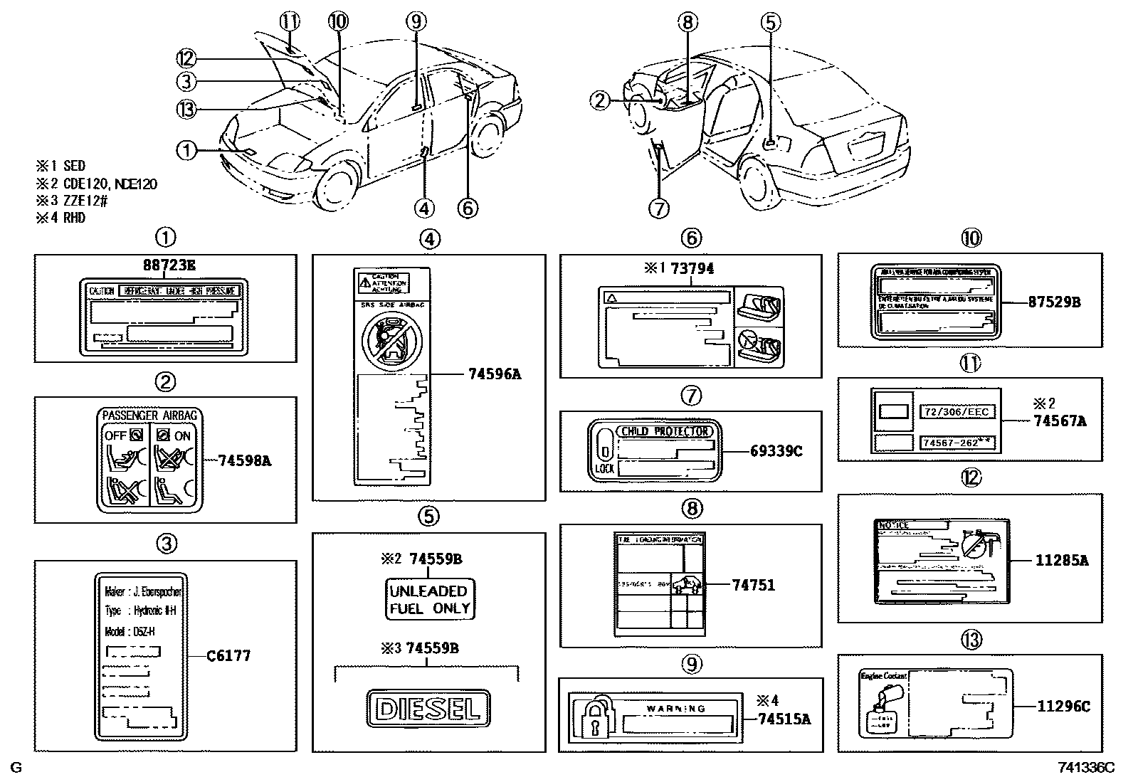 Toyota COROLLA 警示铭牌(车外和车内) EPC diagram — 741336C