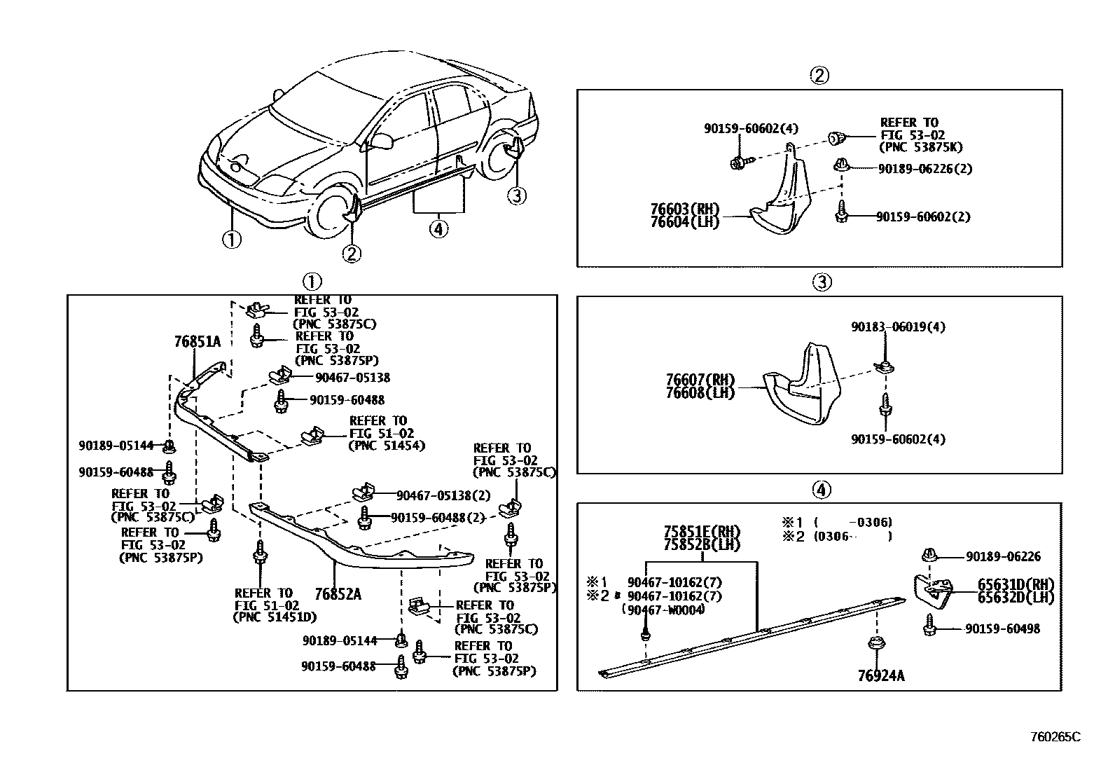Toyota COROLLA 挡泥板和扰流板 EPC diagram — 760265C