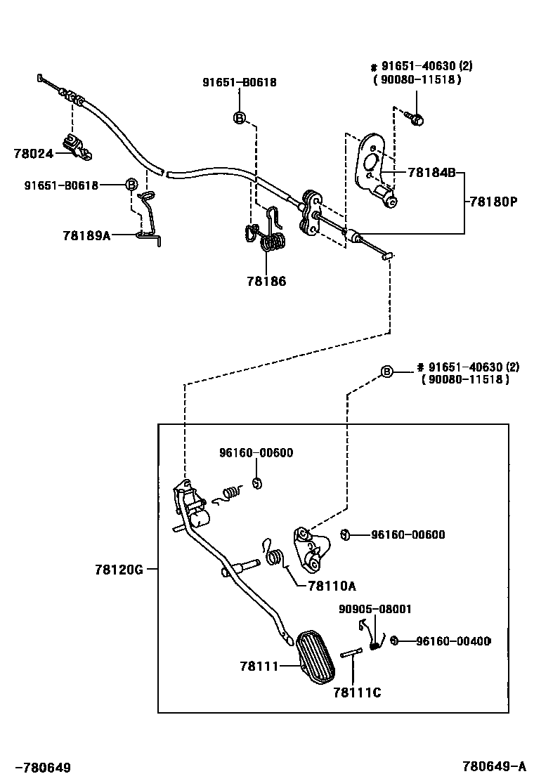 Toyota COROLLA accelerator pedal connecting rod EPC diagram — 780649A