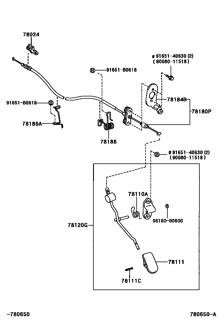 Toyota COROLLA accelerator pedal connecting rod EPC diagram — 780650A