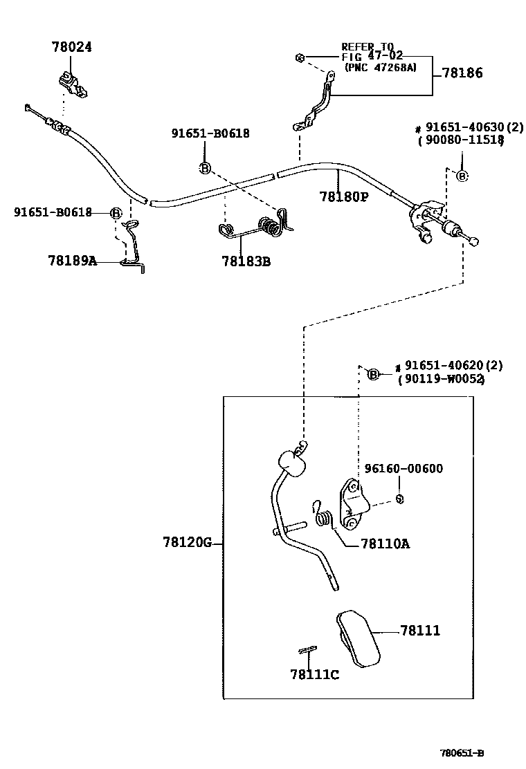 Toyota COROLLA accelerator pedal connecting rod EPC diagram — 780651B