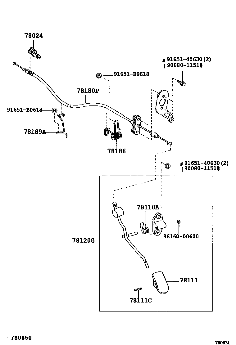 Toyota COROLLA accelerator pedal connecting rod EPC diagram — 780831