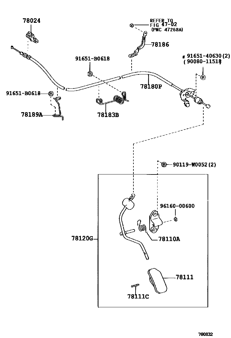 Toyota COROLLA accelerator pedal connecting rod EPC diagram — 780832