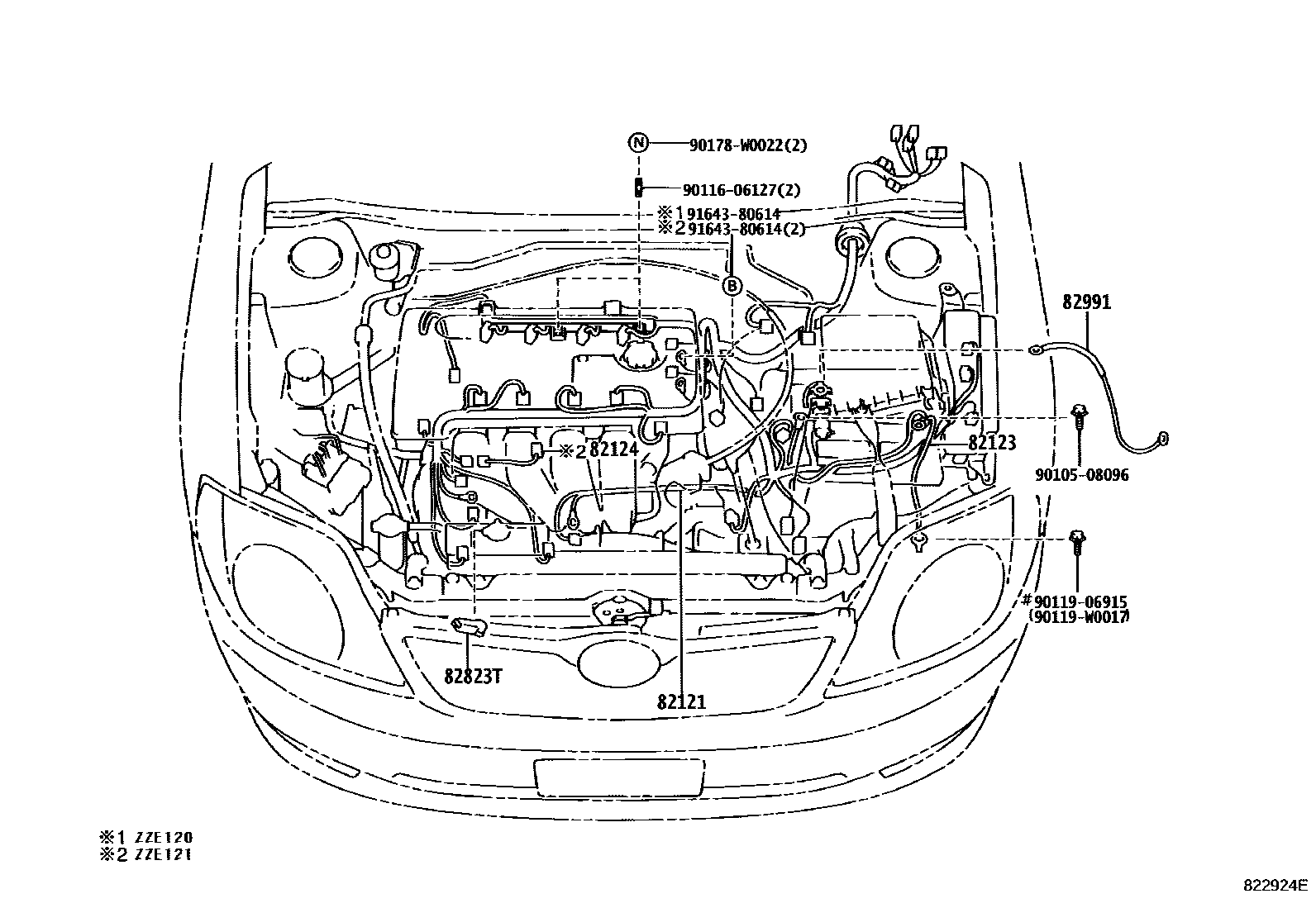 Toyota COROLLA 线束和卡夹 EPC diagram — 822924E