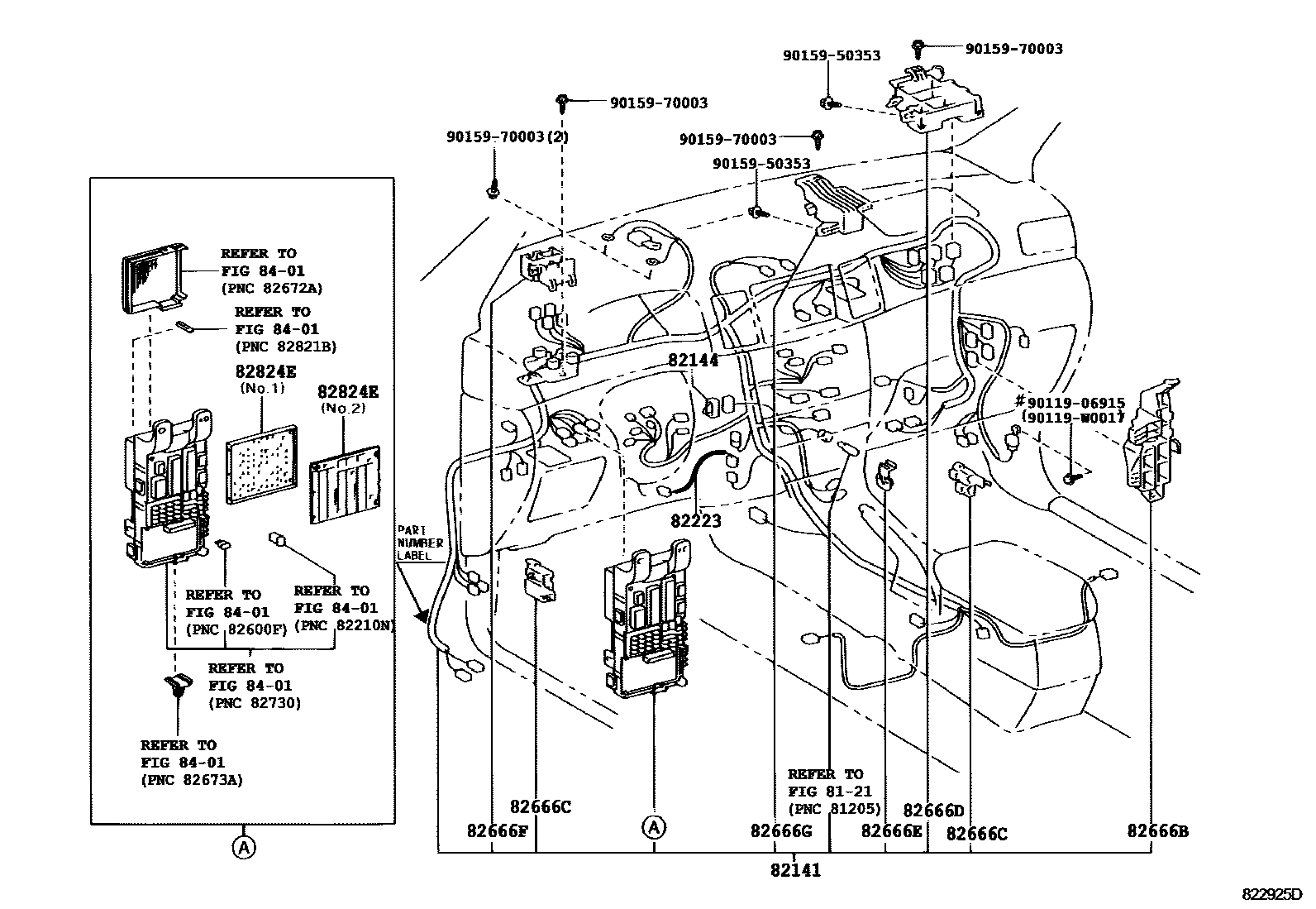 Toyota COROLLA 线束和卡夹 EPC diagram — 822925D