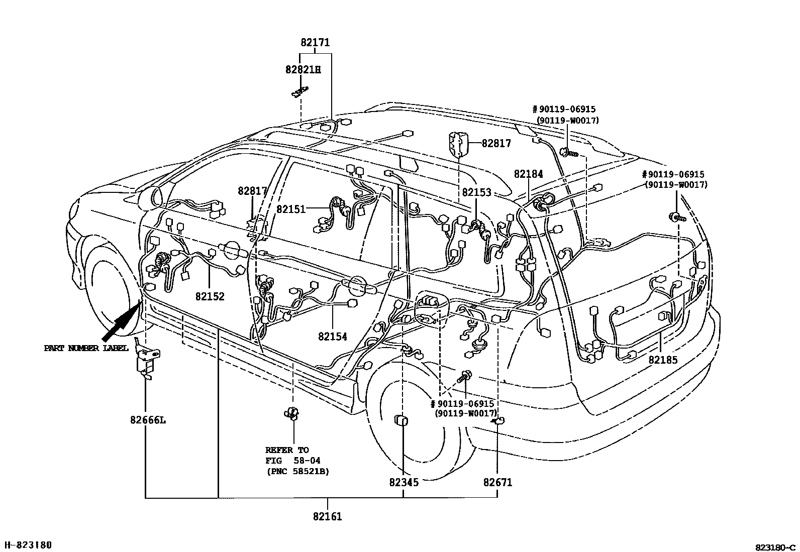 Toyota COROLLA 线束和卡夹 EPC diagram — 823180C