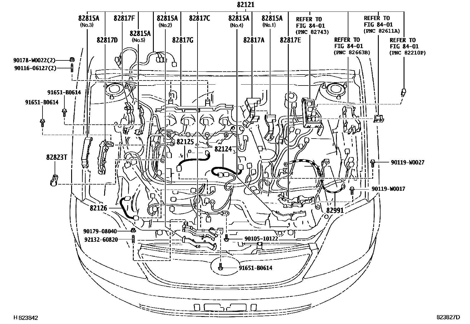 Toyota COROLLA 线束和卡夹 EPC diagram — 823827D
