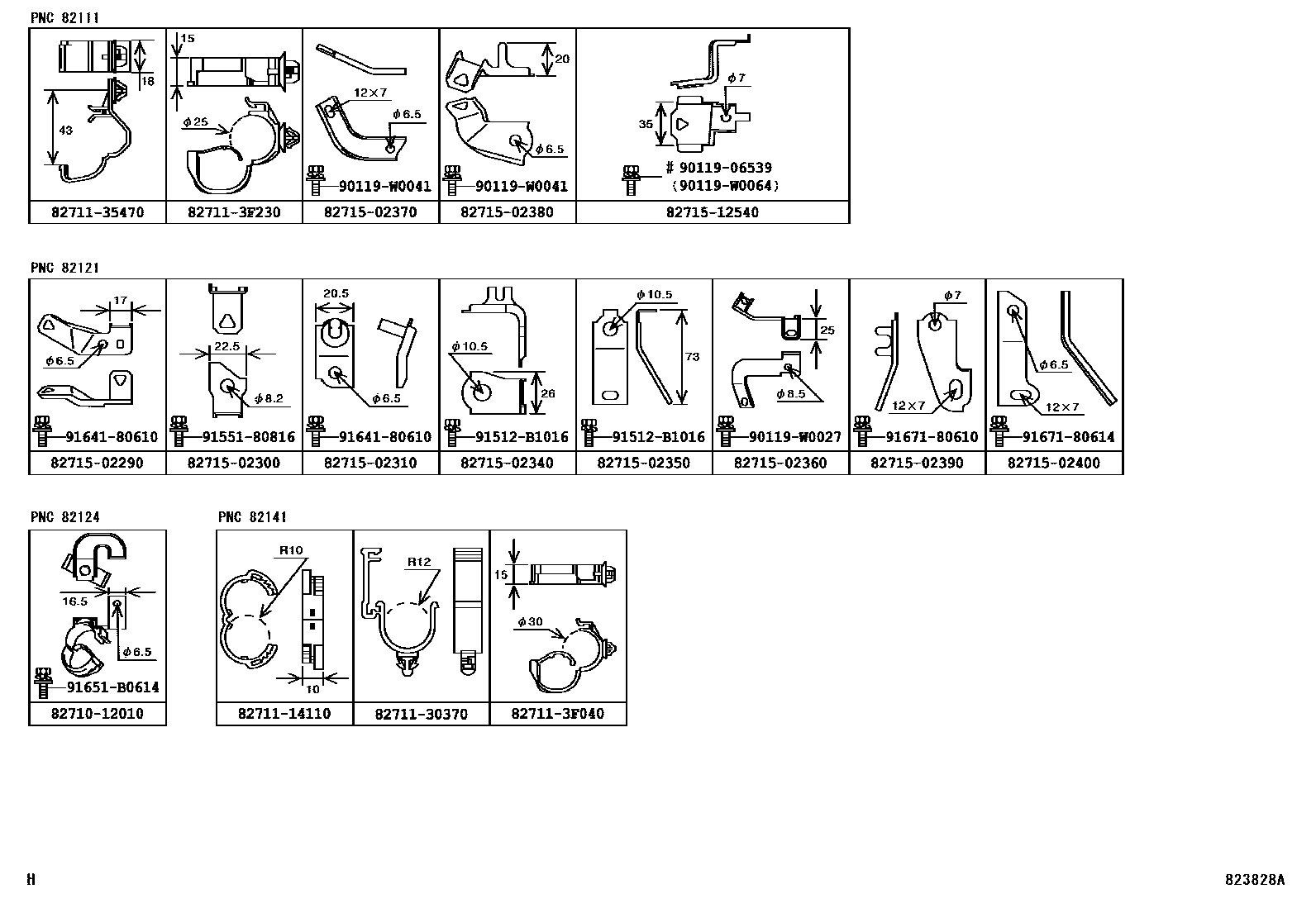 Toyota COROLLA 线束和卡夹 EPC diagram — 823828A